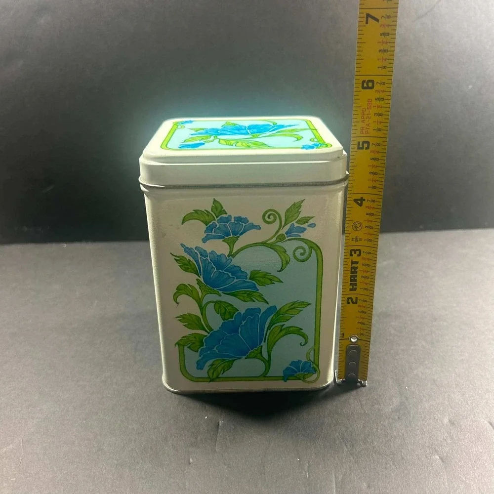 Floral Vintage Retro Tin White Blue Square Canister Small